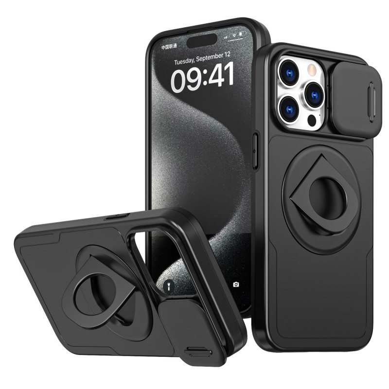 Heavy Duty Magnetic Suction iphone Case with Rotating Stand and Lens Push Window Protection 